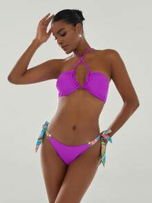 Summer Sexy Bikini Swimwear, Random Print Hollow Out Strap Beach Holiday Swimwear - Purple - View 1