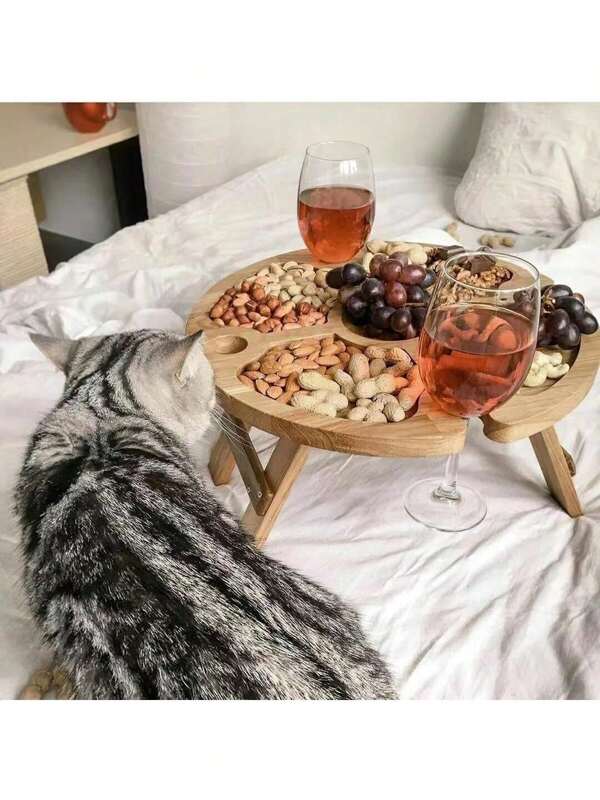 1 pieza Bandeja plegable de madera 2 en 1: Tabla para quesos y aperitivos/Estante para vasos de vino. Para picnic, playa, jardín y camping