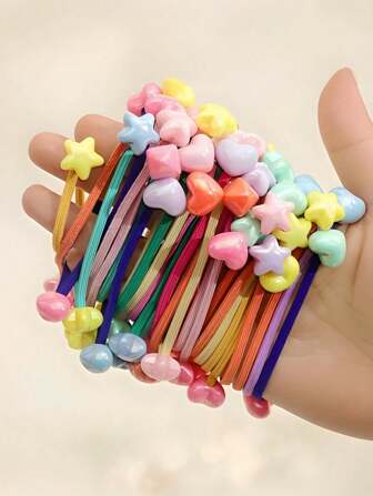 5 pièces/10 pièces/20 pièces Élastiques à cheveux pour tout-petits filles avec décoration aléatoire de cœurs et d'étoiles. 20 pièces Élastiques à cheveux en perles acryliques minimalistes - Haute élasticité, forme d'étoile et de cœur, couleurs assorties, ensemble de cordes à cheveux pour coiffure et gestion des cheveux, porte-queue de cheval