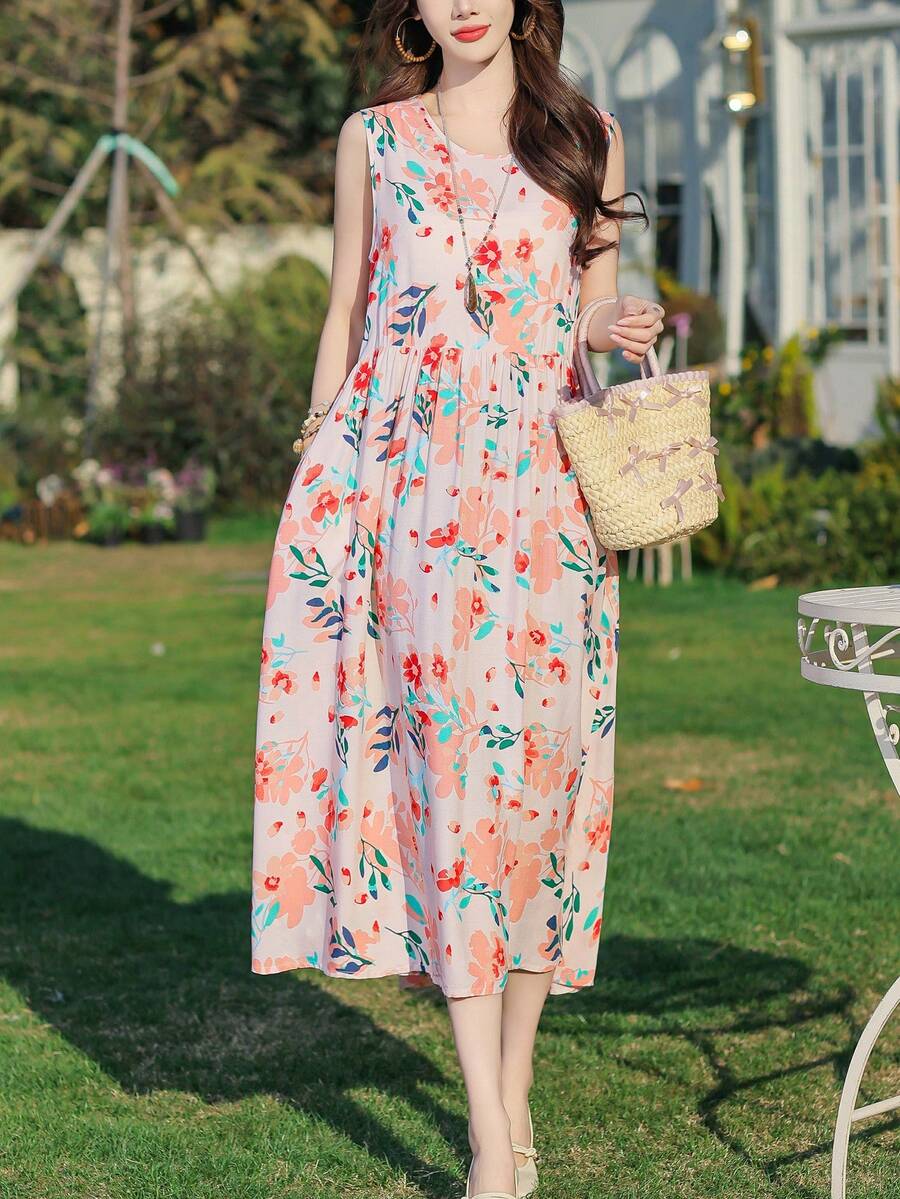 1 件女士休闲印花时尚优雅中长连衣裙，夏季 - 粉色 - 查看 1