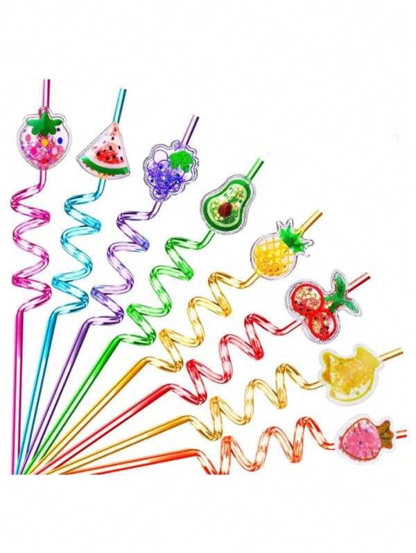 8pcs Plastic Colorful Bent Straws, Sequin Fruit Shaped Plastic Straws, Children Drinking Spiral Straws, Reusable, Suitable For Water, Cold Drinks, Coffee, Juice, Great For Home, Office And Outdoor Use, Birthday Party, Holiday Party, Theme Party, Women's Gift, Mother's Day, Christmas, Party Decoration, Event And Daily Use, Suitable For Boys And Girls,School Supplies