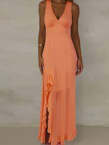 Damska 1 Flirty Orange Ruffle Hem Slit Maxi Dress z Głębokim Dekoltem w Serek, Elegancki Styl Wieczorowy, Idealna Na Kolację I Koktajle