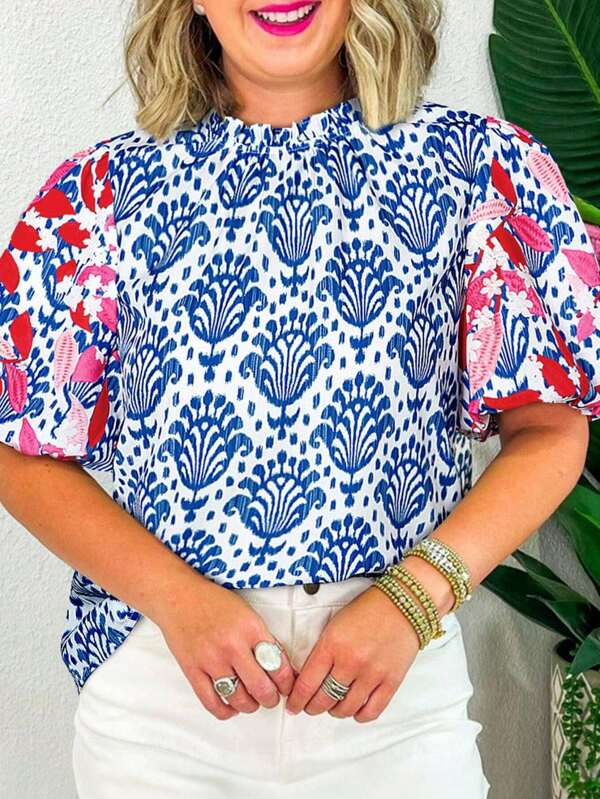 Blusas de verano para mujeres con estampado floral, manga abullonada, cuello con volantes, estilo bohemio para vacaciones primaverales