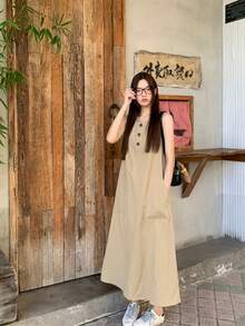 Vintage Casual Sleeveless High-End Elegant Loose Fitting Slimming Midi Dress