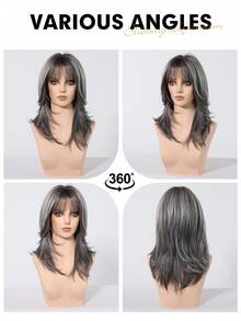 18英寸优雅灰色长卷发假发，带挑染和刘海 - 深色发根至浅色发尾，合成纤维假发，适合女性日常、派对、度假旅行（请注意佩戴和保养方法） - 灰色 - 查看 9
