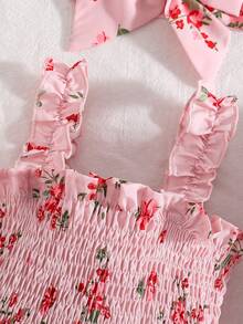 Baby Girl Ditsy Floral Ruffle Sleeveless Strap Bodysuit Bodysuit + Headband, Summer New Arrival