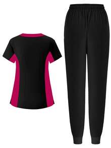 (Four-Piece Set) Scrubs Uniform Women's Running Matte Elastic Sports Nurse  Uniform Wash Clothes Work Clothes Breathable Scrub Shirt - Màu Hồng Tươi - Xem 4