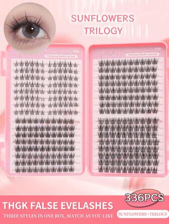 336片睫毛套装，D型卷翘，336根独立睫毛簇，全新假睫毛满足各种妆容需求。向日葵假睫毛+3片装假睫毛，D型卷翘10-13毫米。DIY睫毛簇，外观自然，超浓密、精致、超柔软、超轻盈，可重复使用独立节假睫毛，睫毛延长套装，适合初学者，适用于日常生活、婚礼、约会、派对、音乐节、万圣节等场合。睫毛簇，睫毛簇，独立睫毛，睫毛，假睫毛