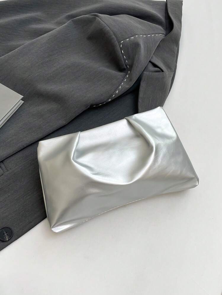 New Spring/Summer Fashion Solid Color Clutch, Pleated Cloud Purse, Solid Color Casual Envelope Bag, Makeup Bag, Travel Accessory Bag, Inner Liner Bag, Toiletry Bag, Storage Pouch - Silver - View 8