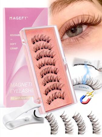 MAGEFY 1 对 CC 卷曲磁性棕色假睫毛套装，配有专业涂抹器可重复使用，无需胶水，带盒，睫毛化妆工具，天然猫眼睫毛