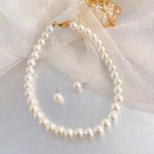 3pcs Minimalist Faux Pearl Necklace & Earrings Set - White - View 3