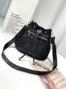 Compact Camouflage Bucket Bag - Fashionable Drawstring Design For Women - Versatile & Secure Shoulder Style, Classic Chic. - Black - View 2