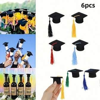 6pcs Mini Graduation Cap Decorations, Felt Doctoral Hat, Graduation Party Table Decor, Party Wine Bottle Hat Toppers, Figurines & Flower Decor, Party Favors