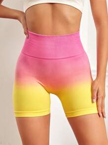 1pc Ombre Sweet & Casual Sports Seamless High Waist Yoga Shorts, Stretchy Knit Fabric, Spring/Summer
