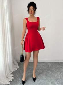 abyoxi Abito elegante e sexy rosso con scollo quadrato, senza maniche, a-line, per laurea, con dettaglio arricciato in vita, adatto per appuntamenti, shopping, laurea, feste, balli, primavera estate, nuovo abbigliamento da donna