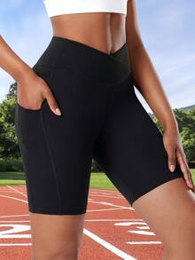 1pc Women's Summer Yoga Shorts With Criss-Cross Waistband And Pockets, Tight Fitting Workout Shorts For Yoga, Fitness, Running, Cycling, Suitable For Outdoor And Sports Activities - Black - View 3