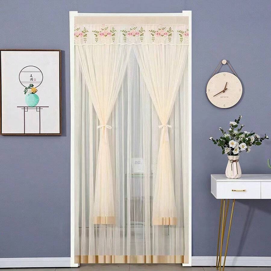 1 pieza Panel de cortina traslúcida artística, cortina de puerta de instalación sin taladrar para primavera, verano, otoño, anti-mosquitos y moscas, doble malla, doble apertura, cortina de encaje para dormitorio, divisor de ambientes para uso doméstico