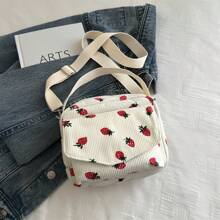 Corduroy Cute Strawberry Printed Fashion Handbag, Versatile Small Square Bag, Portable Clutch Shoulder Crossbody Bag