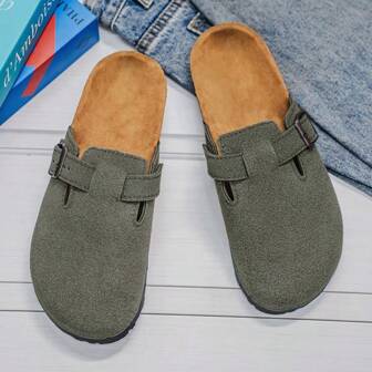 男士木质拖鞋，一脚蹬凉鞋，中性夏季休闲平底露背拖鞋，大码，适合办公室