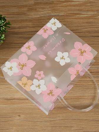 1/2/5pcs Transparent PVC Gift Bags With Handles, Cherry Blossom Party Favor Bags, Suitable For Party Gifts, Shopping & Small Business Supplies, Ideal For Birthday, Valentine's Day, Wedding, Pink & White Floral