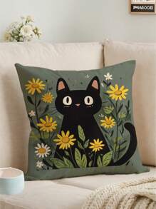 1pc Floral Cat Graphic Printed Cushion Cover, Modern Throw Pillow Case, Single Sided Print, Without Filling, For Sofa, Home Decor
