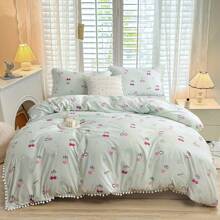 Juego de ropa de cama con estampado de cerezas de la serie Campus con borlas bordadas (1 * Funda nórdica + 2 * Fundas de almohada, sin relleno), juego de ropa de cama suave y cómoda con impresión digital adecuado para dormitorio, habitación de invitados, hotel, dormitorio, tamaño king, queen, twin