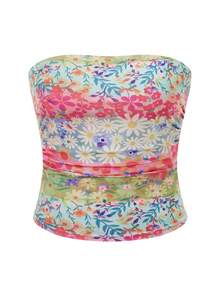 Women's Summer Slim Fitted Tube Tops Y2k Floral Print Pattern Crop Tops Bandeau Show Navel Tank Tops Vacation Tops Streetwear Aesthetic Vintage Clothes 90s - 藍色 - 查看 3