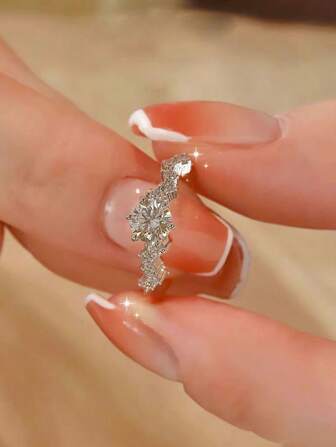 1 件 925 纯银镀铂金时尚奢华锆石订婚戒指，适合订婚、婚礼、派对、日常佩戴、新娘珠宝