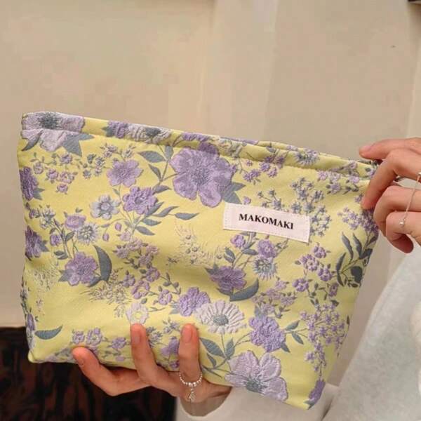 1pc Women's Yellow Base With Purple Flower Exclusive High-End Makeup Bag, Portable Skincare Products Storage Bag For Outing & Daily Use
