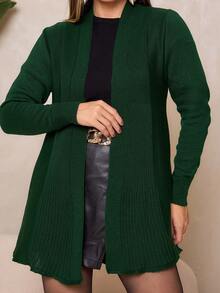 Women's Plain Knit Cardigan With Ribbed Detail Mid-Season Knitwear - Grön - Visa 2