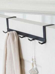 1pc Black Ferric Door Rear Hook, Large Load-Bearing Five Row Door Bag Hook, Non Perforated Clothes And Hat Storage Rack Decorations Autumn Decor Festival Decor Room Decor Home Decor Fall Decor Bedroom Decor