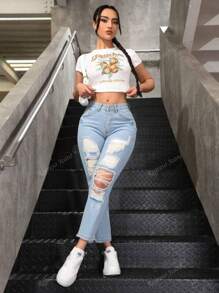 1 pieza pantalon de mom,rigido con rotos para mujer