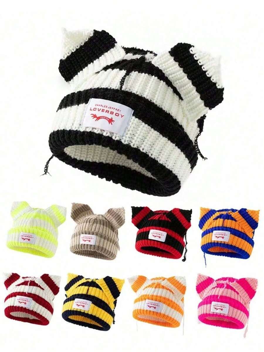 1pc Women's Fashion Car Brand Ear Decoration Knitted Hat, For Daily Wear In Autumn/Winter - Multicolor - View 1