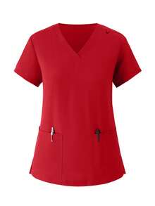 (Four-Piece Set) Scrubs Uniform Women's Running Matte Elastic Sports Nurse  Uniform Wash Clothes Work Clothes Breathable Scrub Shirt - 紅色 - 查看 9