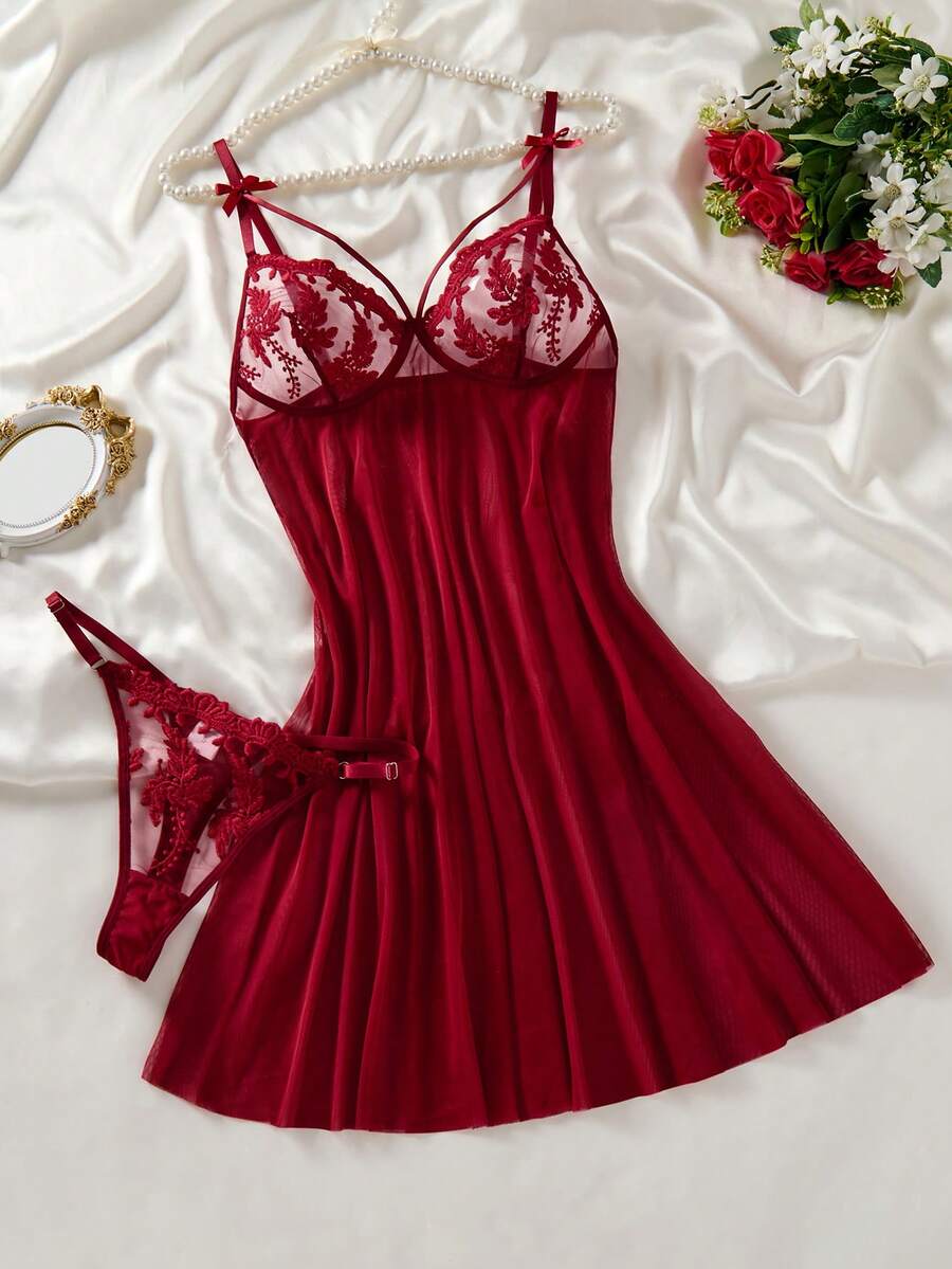 Ladies' Two Pieces Wine Red Court Mature Charm - Gorgeous And Sexy Nightgown, Embroidered Bow Brasieres Sin Varilla, Soft And Comfortable Home Wear, Suitable For All Seasons - 酒紅色 - 查看 1
