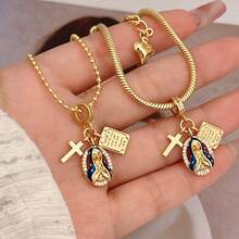 1 Set Fashion Religious Belief Virgin Mary, Cross, Bible Pendant Necklace/Bracelet/Ring Jewelry Set, Brass Plated 18K Gold With Cubic Zirconia, Suitable For Men And Women Everyday Wear - Gold - View 2