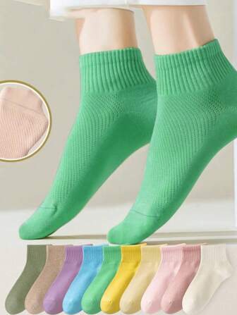 1/3/5 Pairs Candy Coloured Ladies Socks, Summer Short Socks, Rainbow Coloured Ladies Cotton Socks, Short Socks, Mesh Breathable, Women's Solid Colour Socks, Ankle Socks For Summer, Daily And Date Wear