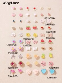 Set di 30 paia di orecchini a perno per ragazze, set di combinazione di orecchini alla moda con design a ciliegie, farfalle, fiori e cuori, minimalisti