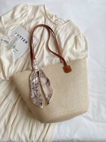 Simple Silk Scarf Decoration Straw Woven Bag For Women, Portable Shoulder Tote Bag Suitable For Vacation Travel