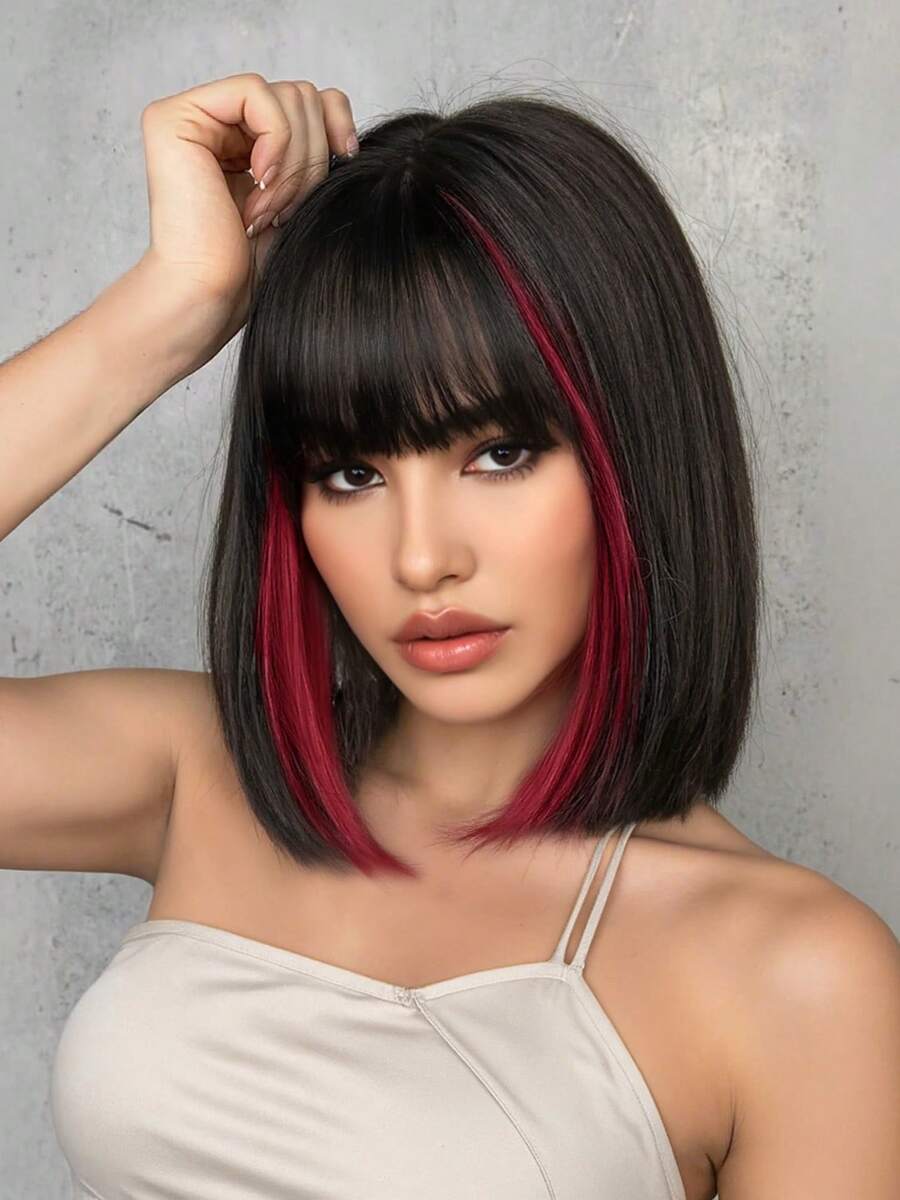 Mixed Color Short Bob Wigs With Bangs 12 Inch Straight Hair Wigs For Women Soft Light Synthetic Hair Replacement Wigs Heat Resistant Wigs For Daily Party Use