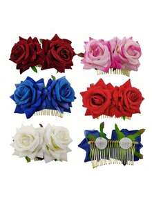 Bridal Hair Comb, Faux Velvet Rose Flower Hair Comb Headpiece, Double Rose Flower Hair Comb Valentine's Day Accessories,Wedding Hair Accessories - Multicolor - View 11