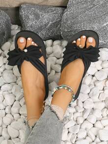 Women's Bowknot Flip Flops, Summer Fashion Casual Slippers, New Non-Slip Thick Sole Beach Sandals, Wedge Heel For Holiday - Black - View 3