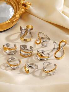 1 件不锈钢简约 18K 镀金拼色戒指，高端珠宝适合女性日常佩戴 - 彩色 - 查看 2