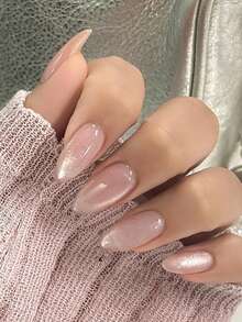 30Pcs Sheer Fresh Pink Cat Eye Design Curved Almond False Nails Press On Nails Nail Supplies Nails - Silver - View 2