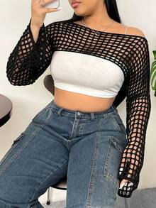 MOXDO Women's Long Sleeve Crochet Cover-Up Top - Off-Shoulder, Loose Fit, Solid Color, High Stretch Polyester, Casual Beachwear For Vacation Style - 黑色 - 查看 5