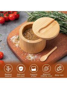3 件装竹盐和香料储存容器，带磁性旋转盖和勺子，竹制收纳盒，用于存放盐、胡椒、香料、糖，6 盎司 - 彩色 - 查看 4
