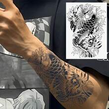 1pc Waterproof Temporary Tattoo With Koi Fish Pattern, Symbolic Of Lucky Blessing, Long-Lasting Fake Tattoo Sticker - Black - View 1