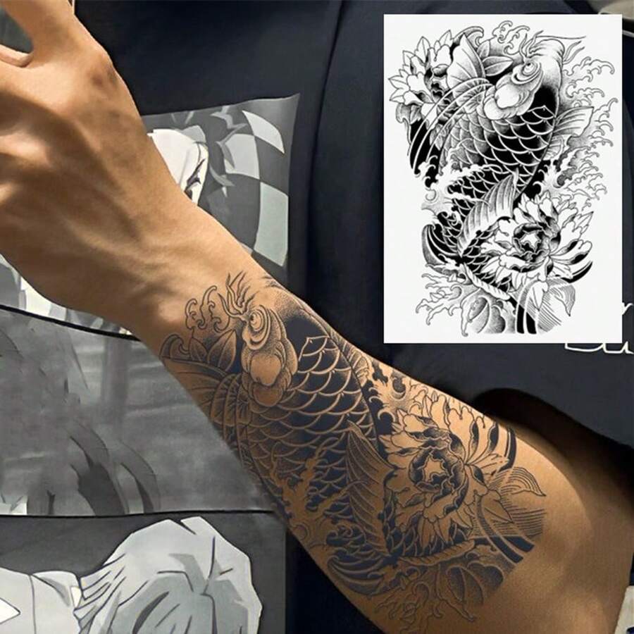 1pc Waterproof Temporary Tattoo With Koi Fish Pattern, Symbolic Of Lucky Blessing, Long-Lasting Fake Tattoo Sticker - Black - View 1