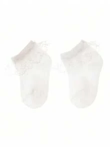 1 双女孩柔软透气蕾丝边公主风格袜子，适合生日派对、休闲度假、日常穿着 - 白色 - 查看 6