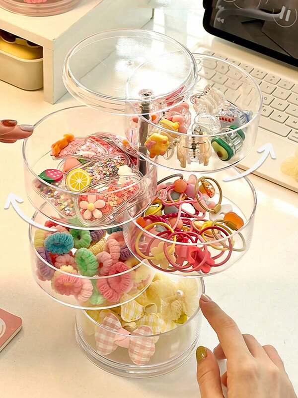 1 szt. Wielowarstwowe obrotowe przezroczyste pudełko do przechowywania biżuterii, zawiera spinki do włosów, naszyjniki, kolczyki